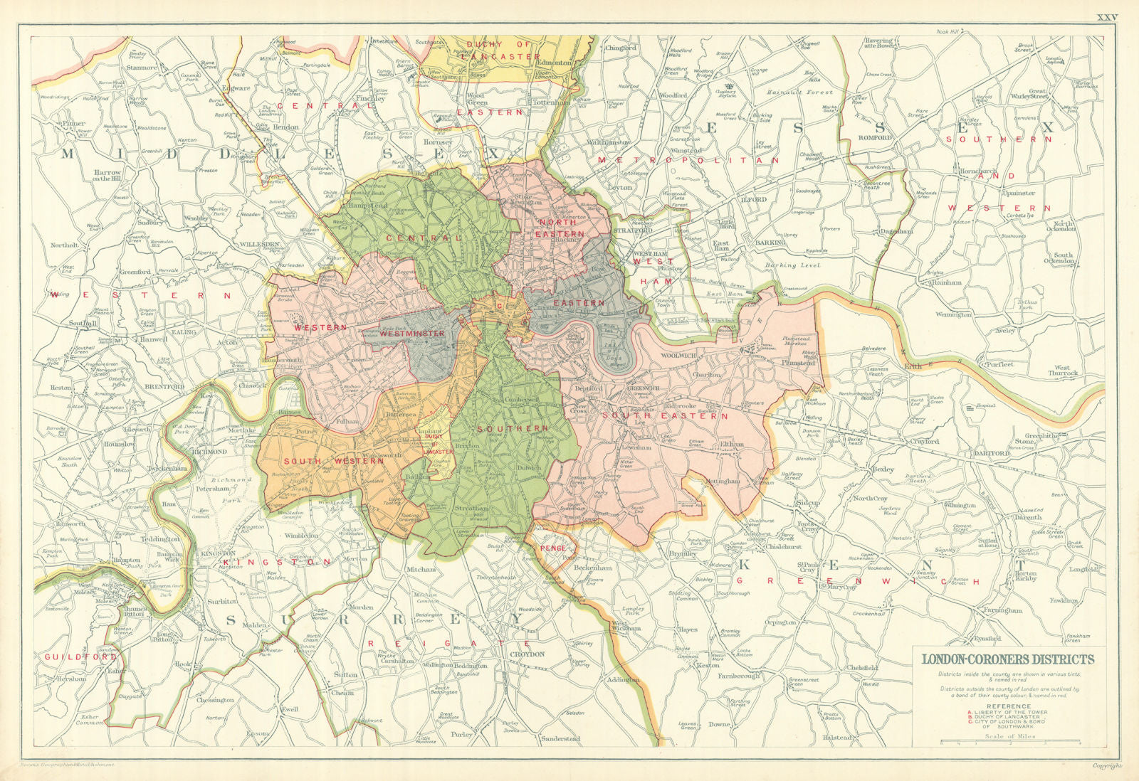 LONDON CORONERS DISTRICTS. Vintage map. BACON 1919 old antique plan chart